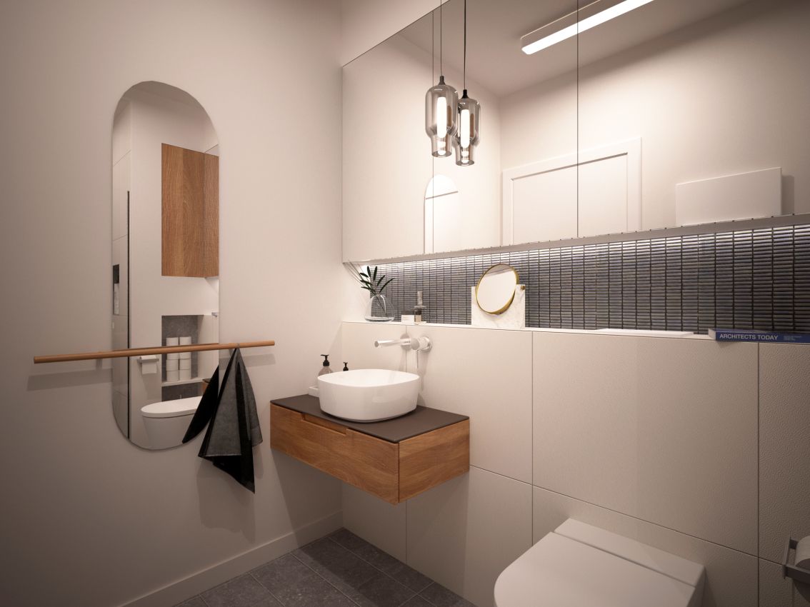 Kolorystyka łazienki jest spójna z pozostałymi pomieszczeniami.